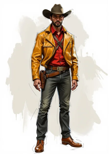 a man in cowboy clothes, rough color sketch style, concept design, rough sketch, color sketch, drawing