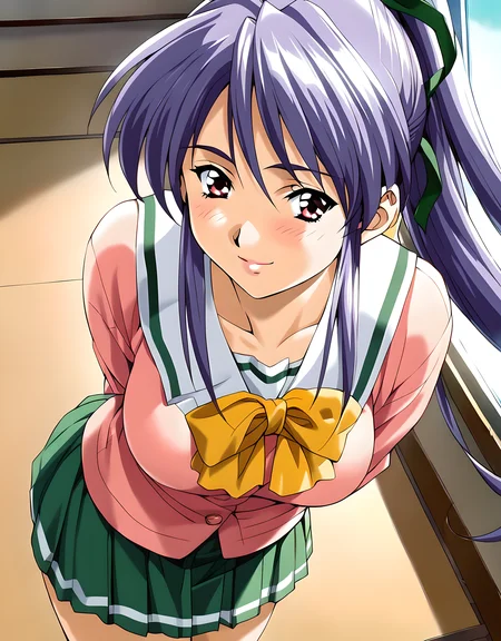<lora:pony_XL_takabe:0.8>,takabe,score_9,score_8_up,score_7_up,source_anime,1girl,solo,looking_at_viewer,looking in love,upper eyes,smile,:d,blush,cowboy_shot,school_uniform,arms_behind_back,bent_over,