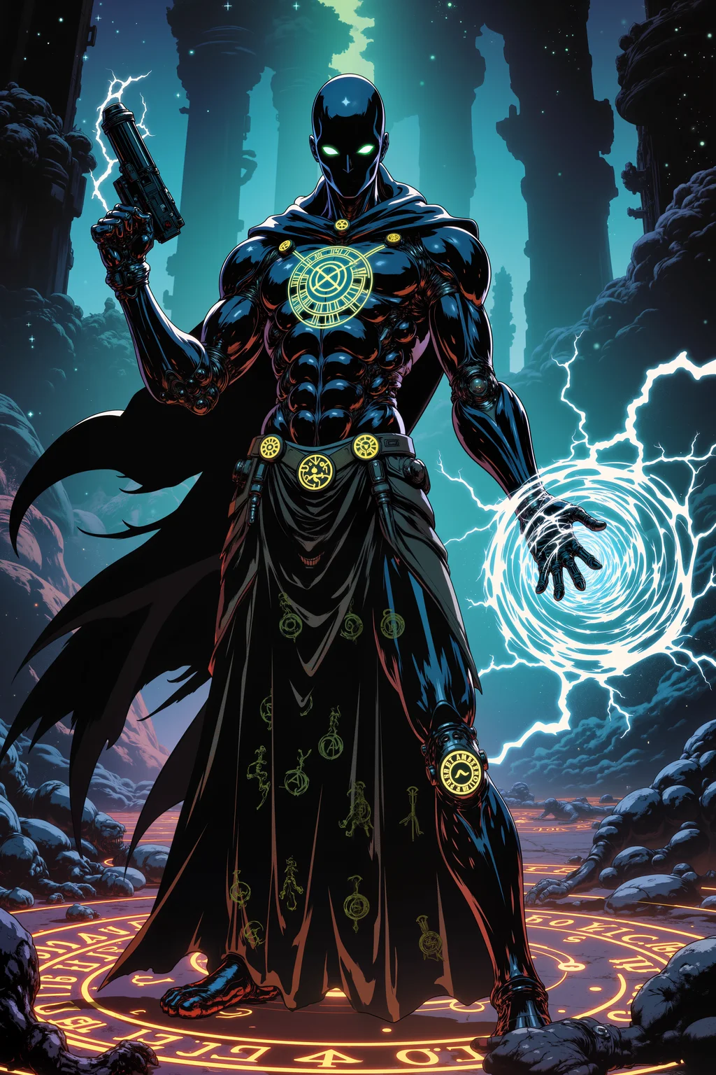 ne0nfant4sy, An android battle mage, his metallic frame polished to a mirror sheen, stands amidst a field of glowing, holographic runes, casting a spell with one hand while the other wields a futuristic energy cannon. His smooth, obsidian skin is etched with glowing sigils that pulse with ancient power, clashing with the sleek, advanced tech embedded throughout his form. His eyes, glowing a deep, mystical green, seem to peer beyond the physical plane, while the swirling energy in his hand manifests into a ball of lightning laced with runes. His chestplate bears the insignia of a lost order, both ancient and high-tech, blending seamlessly with his robotic anatomy. Behind him, a crumbling temple hovers above an ocean of stars, held together by both gravity fields and arcane wards. Strange, ethereal creatures float in the background, partially mechanical, their bodies shifting between metal and mist. The air around him vibrates with both the hum of advanced tech and the chanting of forgotten spells. His face is emotionless, yet his stance exudes raw power, a fusion of magical and mechanical mastery.<lora:RetroAnimeFluxV1:0.5><lora:NeonFantasyFLUX:0.3>