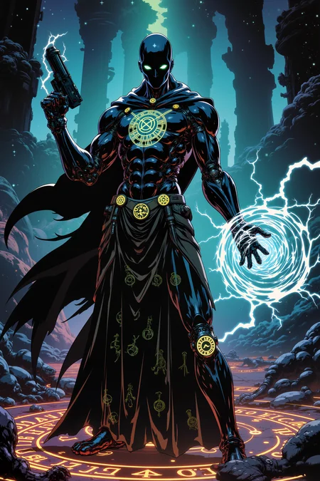 ne0nfant4sy, An android battle mage, his metallic frame polished to a mirror sheen, stands amidst a field of glowing, holographic runes, casting a spell with one hand while the other wields a futuristic energy cannon. His smooth, obsidian skin is etched with glowing sigils that pulse with ancient power, clashing with the sleek, advanced tech embedded throughout his form. His eyes, glowing a deep, mystical green, seem to peer beyond the physical plane, while the swirling energy in his hand manifests into a ball of lightning laced with runes. His chestplate bears the insignia of a lost order, both ancient and high-tech, blending seamlessly with his robotic anatomy. Behind him, a crumbling temple hovers above an ocean of stars, held together by both gravity fields and arcane wards. Strange, ethereal creatures float in the background, partially mechanical, their bodies shifting between metal and mist. The air around him vibrates with both the hum of advanced tech and the chanting of forgotten spells. His face is emotionless, yet his stance exudes raw power, a fusion of magical and mechanical mastery.<lora:RetroAnimeFluxV1:0.5><lora:NeonFantasyFLUX:0.3>