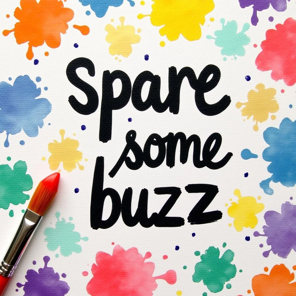 A canvas with vibrant colorful spots all over. In the middle there is writing "spare some buzz", done with a paint brush, written carefully, brush strokes are visible