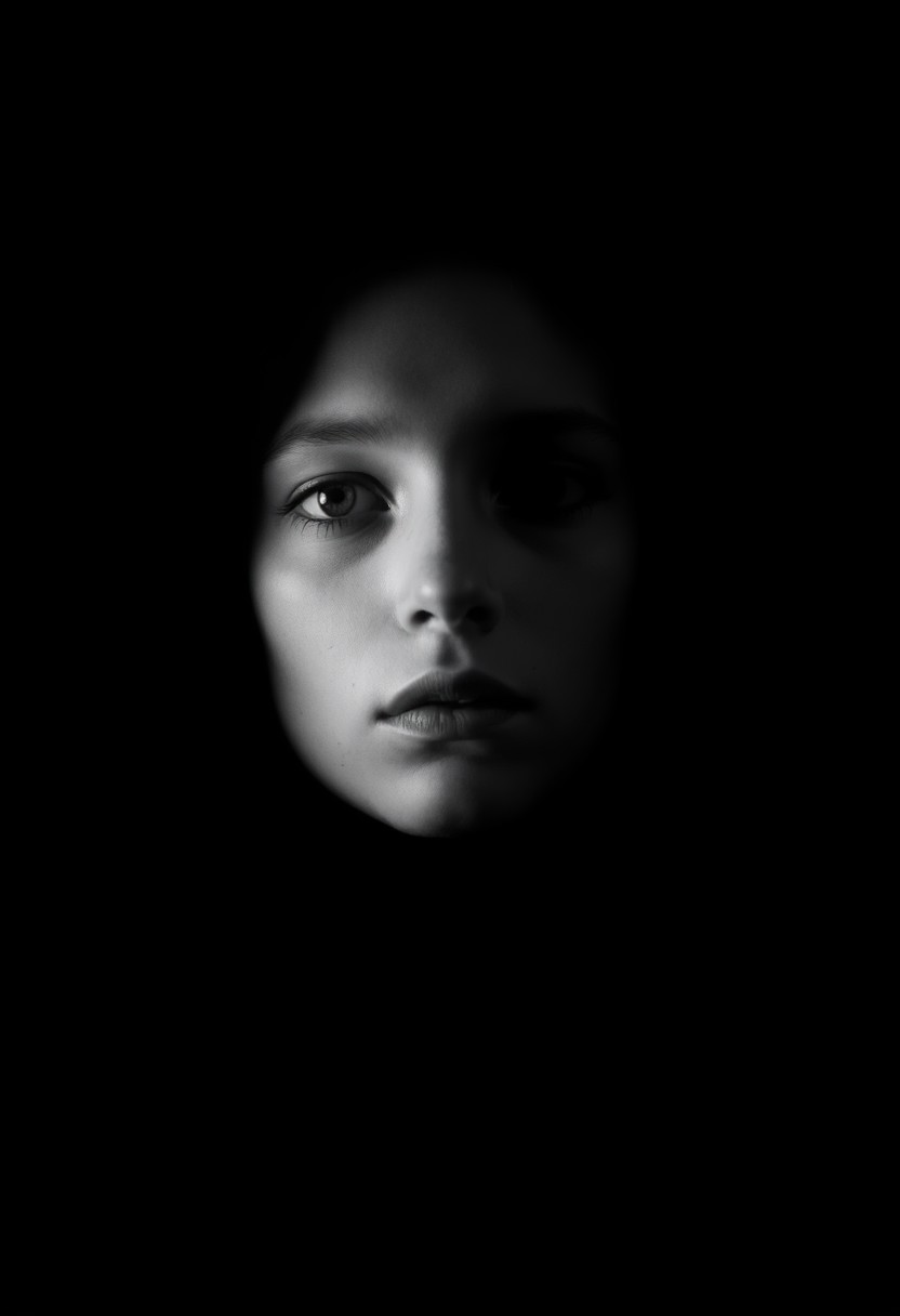 Create a hauntingly beautiful portrait of a face without a mouth, set against a stark, gradient-less black and white background that seems to absorb all sound, shot on the Hasselblad H6D-100c medium format camera paired with the HC 100mm f/2.2 lens. Employ a minimalist approach to lighting, using a single, softbox-mounted strobe to cast a subtle, Rembrandt-esque shadow on the subject's face, accentuating the curves and contours of their features, and evoking a sense of quiet contemplation and introspection. The overall aesthetic should be reminiscent of a charcoal sketch, with delicate, whispery textures and a focus on the expressive power of the eyes, which convey a sense of deep emotion or thoughtfulness, as if the subject is trapped in a world of silence, where their only means of communication is through the windows to their soul. <lora:add-detail-xl:1> <lora:WildcardX-XL-Detail-Enhancer:0.9> <lora:SDXLFaeTastic2400:0.085> <lora:MJ52:0.185> <lora:sinfully_stylish_SDKL:0.11> <lora:casting shadow style v2:0.1> casting shadow style, cucoloris patterned illumination