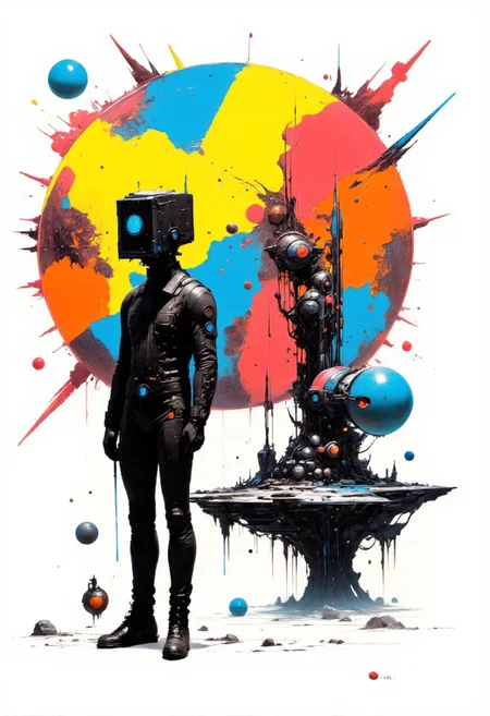 abstract style . abstract oil painting of a man with a cube for a head, his body posed in a contemplative stance. The surreal artwork blends rich, thick brushstrokes with vibrant splashes of color, creating a dreamlike atmosphere. His cube-shaped head is detailed with subtle shading, giving it a three-dimensional look, yet it remains stark and expressionless. In the background, chaotic geometric shapes float and twist in random directions, adding a sense of confusion and complexity. Bright paint splatters and smears of bold colorsared, yellow, blueadecorate the canvas, adding texture and energy to the scene. The overall composition evokes a sense of surrealism and abstraction, with the boundaries between the man and the background blurring in artistic, fluid motion. <lora:Risograph_Style_FLUX_by_Ethanar-000001.safetensors:1.0>,  <lora:artisketchyfs-v02.safetensors:0.25>,  <lora:artilands.safetensors:0.75>,  <lora:The Weirdies [Flux]_R.safetensors:1.0>,  <lora:Sci-fi_env_flux.safetensors:0.75>,  . non-representational, colors and shapes, expression of feelings, imaginative, highly detailed, CharacterDesignFLUX, reference sheet,white background,simple background,multiple views, upper body, front, from side, color palette reference