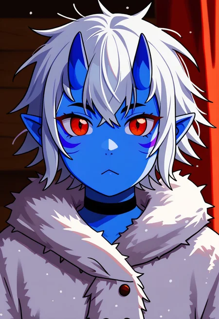 1girl, 25 years old, perfect face, cute, petite, red eyes, white hair, short hair, messy hair, crossed bangs, hair between eye, pointy ears, black choker, (blue skin:1.2), (oni:1.2), blue oni, facial tattoo, Winter Fur Coat, tattoos, Tribal architecture, animal skin tents, south pole, cowboy shot,