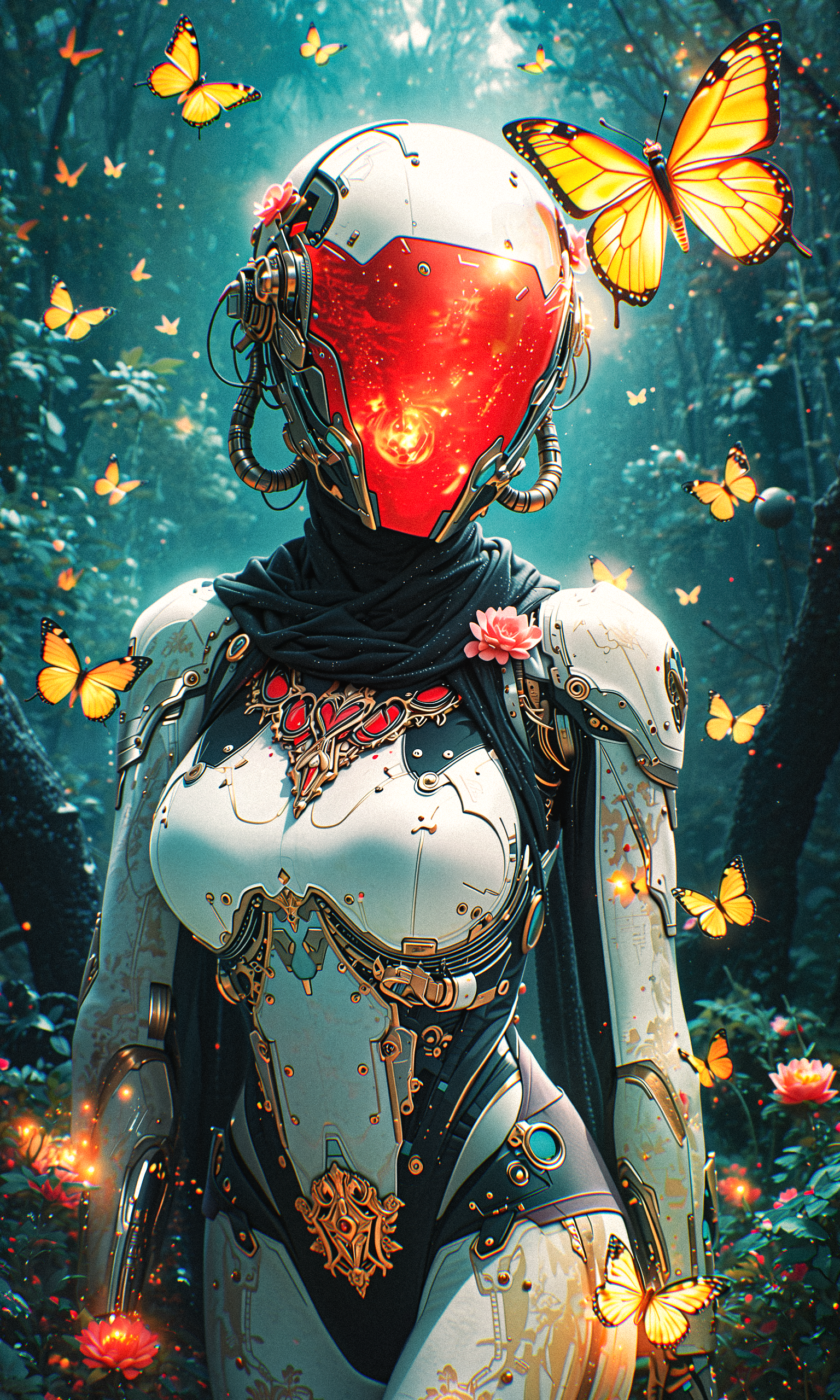upper body, from above, foreshortening, depth of field, blurry foreground
female cyborg, futuristic helmet, red tinted visor, glowing visor, no face, even illumination, white bodysuit, white armor, neon blue trim, cape, smooth surface
standing, model posing, leaning back
mysterious forest, orange butterflies
morning light, subtle reflections, dappled light <lora:Neo-Baroque_Protocol:0.6> <lora:RM_TacExoGear_v0.5M:0.8>