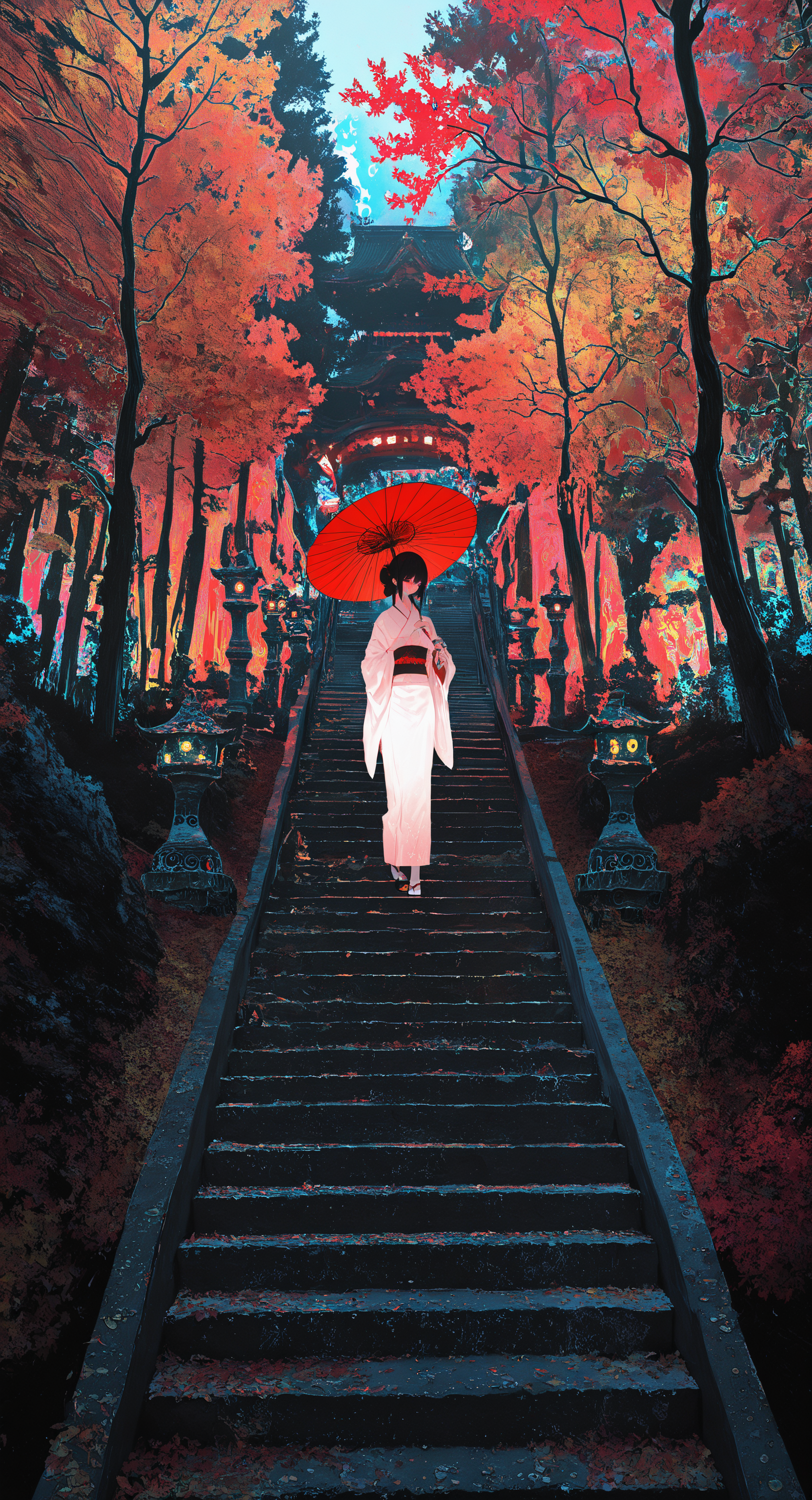 masterpiece, best quality, good quality, very awa, newest, highres, absurdres, 1girl, solo, black hair, holding, standing, outdoors, japanese clothes, wide sleeves, kimono, tree, sash, umbrella, sandals, obi, scenery, nature, forest, walking, white kimono, holding umbrella, stairs, tabi, autumn leaves, oil-paper umbrella, wide shot, parasol, east asian architecture, bridge, zouri, photo background, red umbrella, stone lantern, limited palette, sketch, glowing, psychedelic, <lora:illustriousXL_stabilizer_v1.23:0.3> <lora:NOOB_vp1_detailer_by_volnovik_v1:0.3> <lora:ponyv6_noobE11_2_adamW-000017:0.3> <lora:114558v4df2fsdf5:0.7> <lora:XXX667:0.5> <lora:mon_monmon2133:0.6>