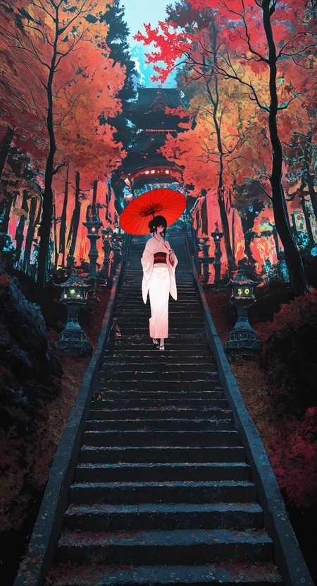 masterpiece, best quality, good quality, very awa, newest, highres, absurdres, 1girl, solo, black hair, holding, standing, outdoors, japanese clothes, wide sleeves, kimono, tree, sash, umbrella, sandals, obi, scenery, nature, forest, walking, white kimono, holding umbrella, stairs, tabi, autumn leaves, oil-paper umbrella, wide shot, parasol, east asian architecture, bridge, zouri, photo background, red umbrella, stone lantern, limited palette, sketch, glowing, psychedelic, <lora:illustriousXL_stabilizer_v1.23:0.3> <lora:NOOB_vp1_detailer_by_volnovik_v1:0.3> <lora:ponyv6_noobE11_2_adamW-000017:0.3> <lora:114558v4df2fsdf5:0.7> <lora:XXX667:0.5> <lora:mon_monmon2133:0.6>