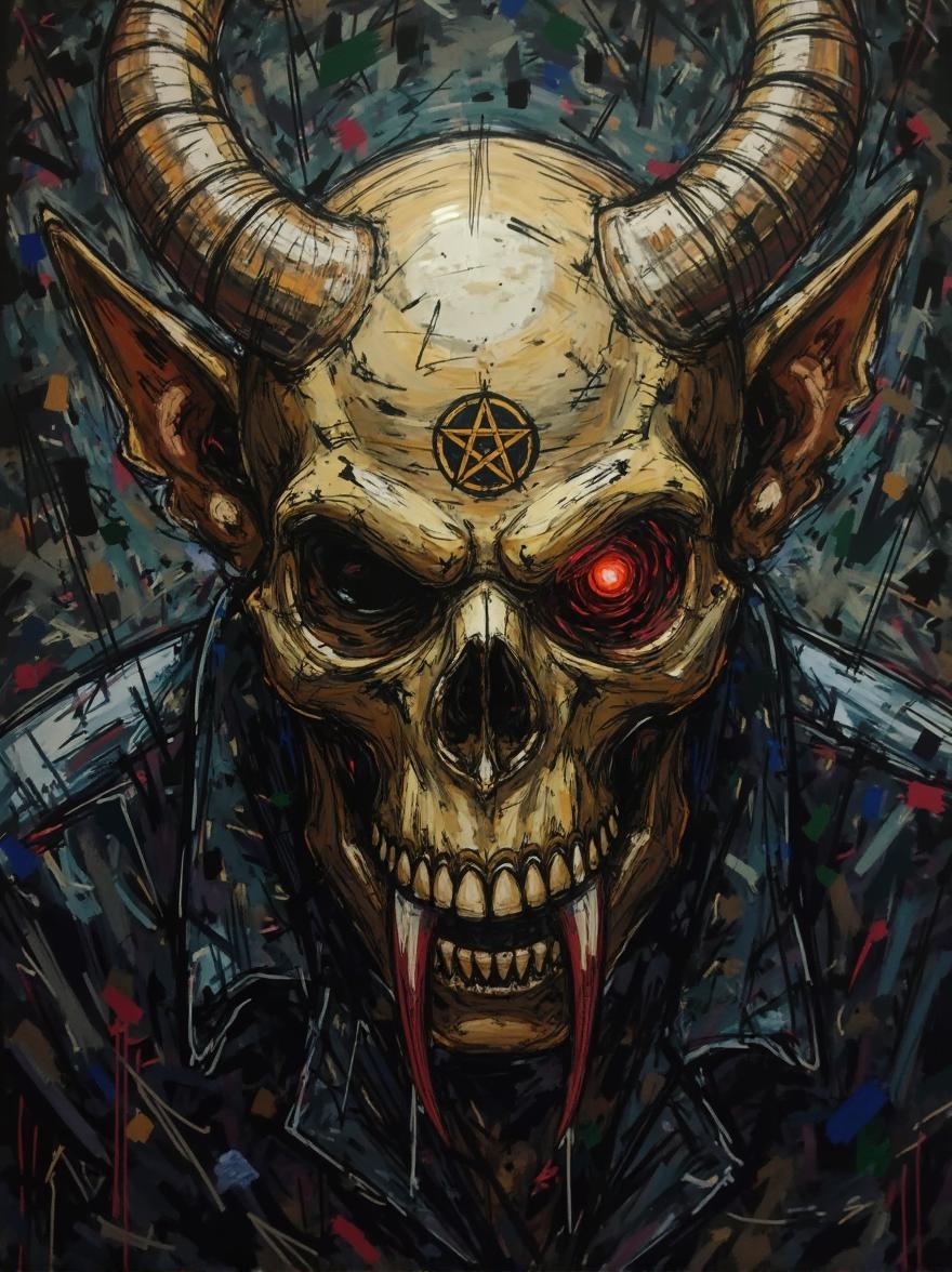 <lora:ck-Ivan-Beslic-Art-Style-000019.safetensors:1> A highly detailed and vibrant digital painting in the style of ck-ib
The image depicts a digital goblin with a worn, ancient skull and skin hanging in tattered folds. One eye is missing, replaced by an empty socket, while the remaining eye blazes with crimson fury. A pentagram tattoo pulsates at its center. Giant, pointed ears sprout from the sides of the skull, as if drinking in every sound around them. The overall effect is one of unadulterated horror.
