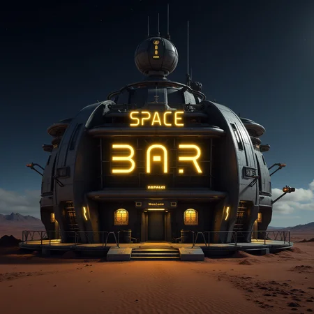 The futuristic bar building located on a distant planet. The yellow neon sign reads "SPACE BAR".
<lora:Sci-fi_env_flux:0.5>