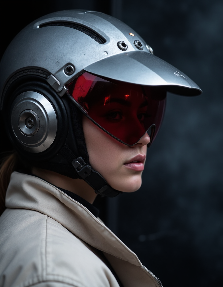 A close-up of a person wearing a full-face helmet with a visor, set against a dark, smoky background. The helmet is metallic with a reflective surface, and the visor is tinted with a red hue. The person's face is partially visible through the helmet's visor. The individual is dressed in a light-colored, possibly beige or off-white, jacket. The overall mood of the image is mysterious and contemplative, with a focus on the helmet as the central subject.
