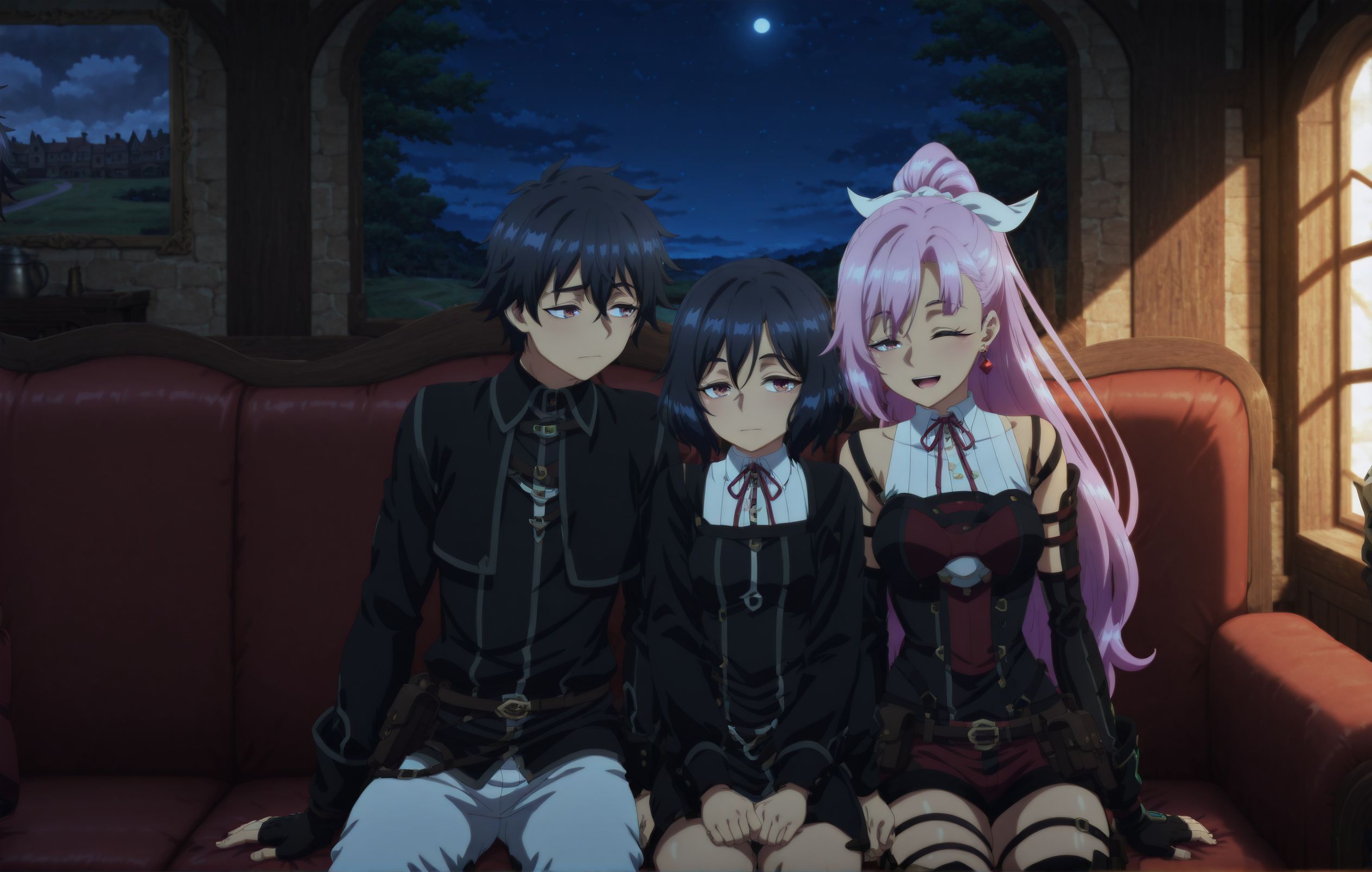 masterpiece,best quality,amazing quality,very aesthetic,absurdres,newest, huge filesize,
<lora:spo_sdxl_10ep_4k-data_lora_webui:0.5>, 2D,anime,anime screenshot, 
<lora:illustrious_quality_modifiers_masterpieces_v1:1>
1boy, 2girs, sitting, sofa,side by side,hetero, 
guild, front view, day, sunlight, 
BREAK
1boy, 2girs, sitting, sofa,side by side,hetero, 
guild, front view, day, sunlight, 
short hair, black hair, hair ribbon, short dress, white shirt, lace trim, sleeveless, detached sleeves, fingerless gloves, shorts, thigh boots, belt, pouch, scabbard ,indors, tavern,  nervous smile, blush <lora:Tino_Nageki:0.8>, 
BREAK
1boy, 2girs, sitting, sofa,side by side,hetero, 
night, moon,guild, front view,
<lora:Let_This_Grieving_Soul_Retire__Strange_Grief:0.7> , 
Strange_Grief, black hair, short hair, 
black dress,
BREAK
1boy, 2girs, sitting, sofa,side by side,hetero, 
guild, front view, day, sunlight, 
dark skin, pink hair, long hair, red eyes, single sidelock, jeart-shaped earrings, ponytail, ribbon, tube top, bare shoulders, detached sleeves, fingerless gloves, single gauntlet, red denim shorts, fur trim, belt, strap, pouch, thigh holster, greaves, indoors, tavern, smile, open mouth, closed eyes <lora:Liz_nageki_illus_v2_r1:0.8>,