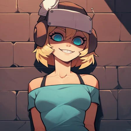 score_4_up, score_5_up, score_6_up, score_7_up, score_8_up, score_9_up, Psychopomp, 1girl, smirk solo, spiral eyes, medium breasts, outdoors, sewerage , blue eyes, blonde hair, leaning back, hat, <lora:Psychopomp-25:1.25>