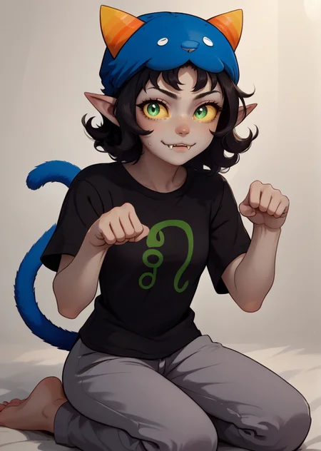 , score_9, score_8_up, score_7_up, masterpiece, , line art, portrait, anime,, detailed, <lora:Expressive_H:0.45> Expressiveh, solo, , on knees, , nya, paw pose, looking at viewer, 1girl, , gray skin, yellow sclera, nepeta, black hair, wavy hair, horns, pointy ears, petite, slim, thin, , , medium hair, short hair, , black t-shirt , black shirt, short sleeves, gray sweatpants, fangs, cat tail, cat hat , green eyes, leo \(symbol\), <lora:Nepeta:0.8>, gray simple background,