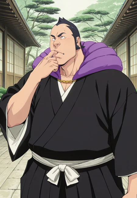 solo, masterpiece, detailed, uwa, huge filesize, ultra hd, best quality, (absurdres, highres), 1boy, official art, bright,
BleachOmaeda, black hair, short hair, japanese clothes, gold chain, purple collar, finger in nose, japanese garden background
