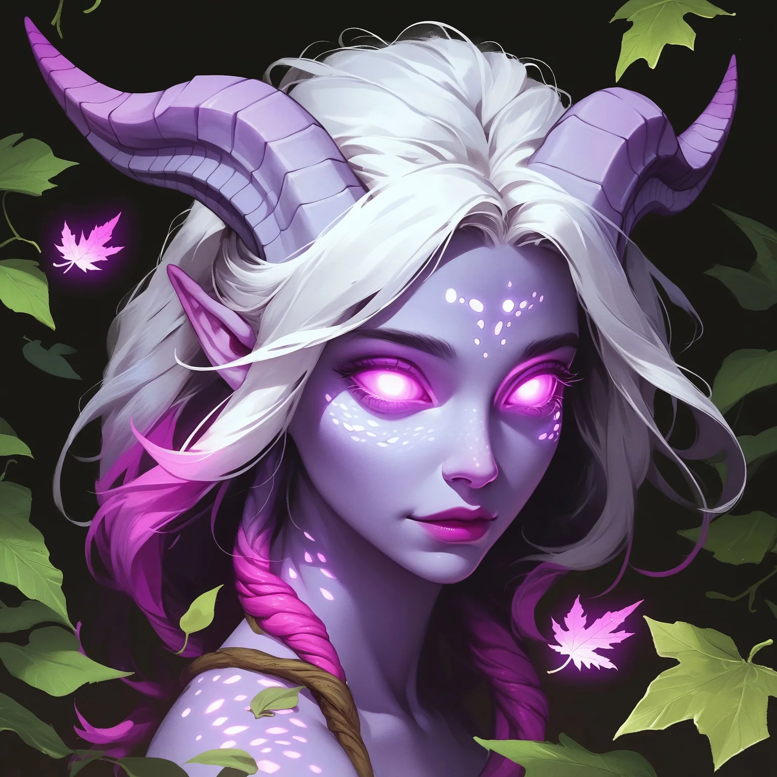 score_9,score_8_up,score_7_up, 1girl, dryad, , leaf hair, white hair, glowing eyes, purple scalars, purple eyes, flat colour eyes, mature, glowing freckles , , cute, tilted,
pink streak in leaf, closeup, glow spots, black background, white skin, (glowing:2) (scales:0), glowing leaves, bloom, leaves, plant, draenei