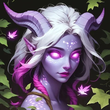 score_9,score_8_up,score_7_up, 1girl, dryad,  , leaf hair, white hair,  glowing  eyes, purple scalars,  purple eyes, flat colour eyes, mature, glowing freckles , , cute, tilted, 
pink streak in leaf, closeup, glow spots, black background, white skin, (glowing:2) (scales:0), glowing leaves, bloom, leaves, plant, draenei