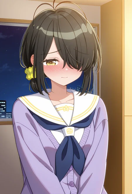 <lora:KOTONO SHIUNJI_illustrious-000018:1>,
KOTONO SHIUNJI,hair over one eye,blush,scrunchie,(hair ornament),antenna hair,white sailor collar,cardigan,indoors,closed mouth,long sleeves,blue neckerchief,ahoge,v arms,collarbone,night,short hair,upper body,nose blush,solo,1girl,black hair,purple cardigan