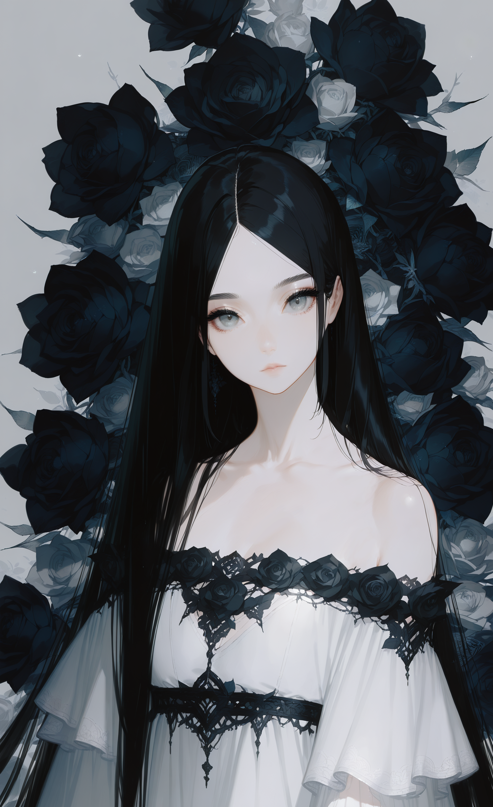 masterpiece, best quality, good quality, very aesthetic, absurdres, newest, 1girl, solo, long_hair, looking_at_viewer, black_hair, dress, collarbone, upper_body, flower, short_sleeves, parted_lips, grey_background, white_dress, off_shoulder, parted_bangs, grey_eyes, expressionless, rose, off-shoulder_dress, black_flower, black_rose, looking_at_viewer, <lora:ponyv5_noobE11_1_adamW-000013:1> <lora:zzziGnXL_il_lokr_V531:0.7> <lora:wl-illV1-000017:1>