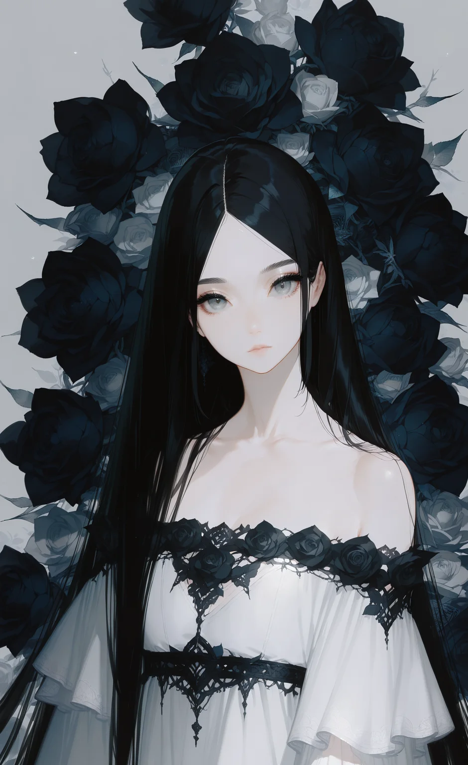 masterpiece, best quality, good quality, very aesthetic, absurdres, newest, 1girl, solo, long_hair, looking_at_viewer, black_hair, dress, collarbone, upper_body, flower, short_sleeves, parted_lips, grey_background, white_dress, off_shoulder, parted_bangs, grey_eyes, expressionless, rose, off-shoulder_dress, black_flower, black_rose, looking_at_viewer, <lora:ponyv5_noobE11_1_adamW-000013:1> <lora:zzziGnXL_il_lokr_V531:0.7> <lora:wl-illV1-000017:1>