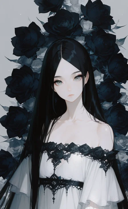 masterpiece, best quality, good quality, very aesthetic, absurdres, newest, 1girl, solo, long_hair, looking_at_viewer, black_hair, dress, collarbone, upper_body, flower, short_sleeves, parted_lips, grey_background, white_dress, off_shoulder, parted_bangs, grey_eyes, expressionless, rose, off-shoulder_dress, black_flower, black_rose, looking_at_viewer, <lora:ponyv5_noobE11_1_adamW-000013:1> <lora:zzziGnXL_il_lokr_V531:0.7> <lora:wl-illV1-000017:1>