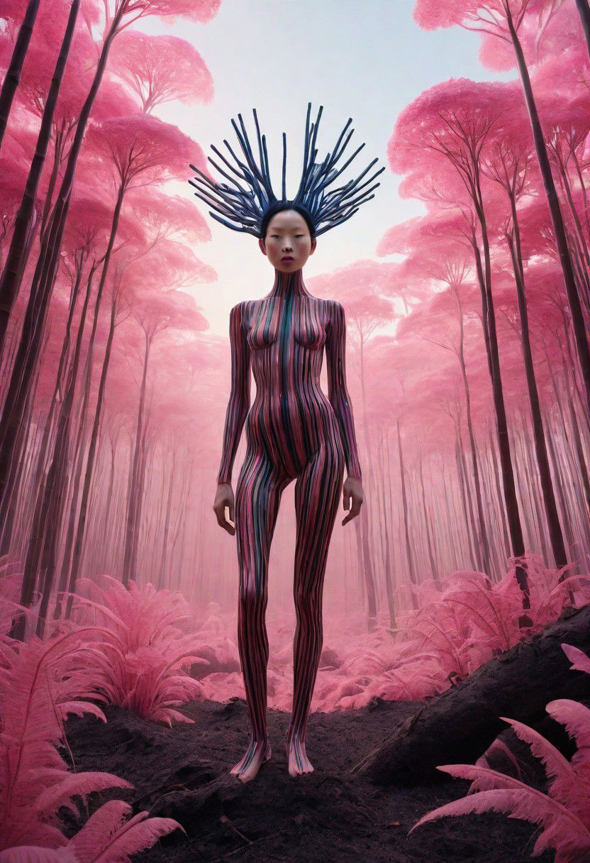 A surrealistic fusion of Reuben Wu's ethereal landscapes with Nick Knight's hyper-realistic models. A Synthetic forest of barcode trees, where creatures with Taro Okamoto's biomechanical limbs frolic and play. The sun sets in vibrant, electric hues, casting long, synthetic shadows that distort the Sharp Focus images of the models. In the distance, a satellite hovers, projecting old school designs onto the landscape, OverallDetail