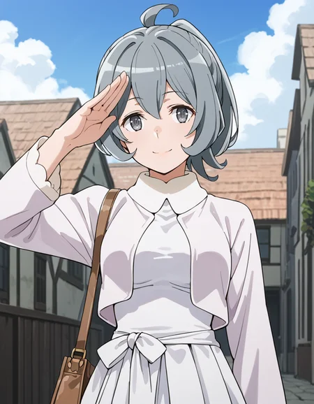 score_9, score_8_up, score_7_up, source_anime, BREAK
1girl, solo, looking at viewer, salute, arm at side,
noon light, outdoors, sky, ahoge, light smile, hand bag,
syr flova, short hair, grey hair, ponytail, hair between eyes, grey eyes,
date outfit, white cardigan, white dress, collared dress, long sleeves, waist tie,
<lora:syr_flova_anime-soralz:1>