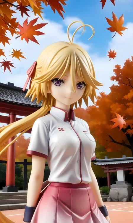 score_9, score_8_up, score_7_up, source_anime, highly detailed figure,looking at viewer, shiny skin, upper body, light smile, petite,ohwx, blonde_hair, purple_eyes, long_hair, short_hair, antenna_hair, ahoge, hair_between_eyes, very_long_hair, ponytail, breasts, hair_ribbon,skirt, tennis_uniform, ribbon, pink_skirt, sportswear, Ancient torii gate surrounded by autumn leaves, peaceful mountain shrine, gentle sunlight, tranquil mood,<lora:mira_yamana_pony_sobsynapse-000003:0.9>