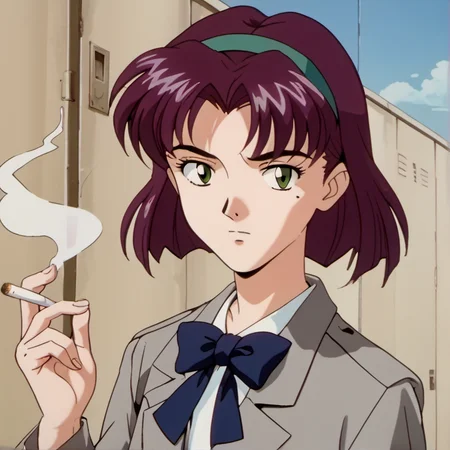 1girl, solo, rits3, teen, purple hair, short hair, green eyes, blue hairband, smoking, cigarette, school uniform, skirt, jacket, bow, mole under right eye, mole, blue sky, retro artstyle, young, <lora:rits3:1>,