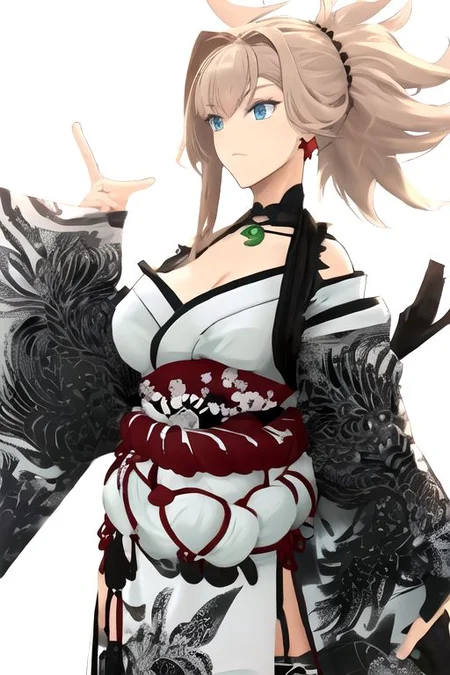 solo_focus, 1girl, ((white background, simple background)):2, (((masterpiece))), ((best quality)), ((ultra-detailed)), high resolution, absurdres, highres, ultra-detailed 8k unity wallpaper,
fsrMusashi, hair ornament, necklace, earrings, white kimono, cleavage, sash, black thighhighs