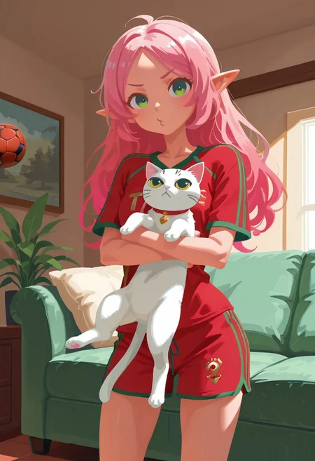 solo,
living room, holding cat, o3o,
elf girl, skinny, pink hair, green eyes, red soccer jersey with green trim,
t4kar4i_illu, no_outlines, no lineart,
masterpiece, best quality, absurdres, [dynamic pose]