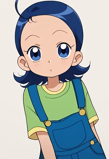 score_9, score_8_up, score_7_up, score_6_up, score_5_up, score_4_up, masterpiece, source_anime BREAK 1girl, c-aiko, blue hair, short hair, blue eyes, ahoge, green shirt, blue overalls, looking at viewer,  beige background, simple background,  dutch angle,