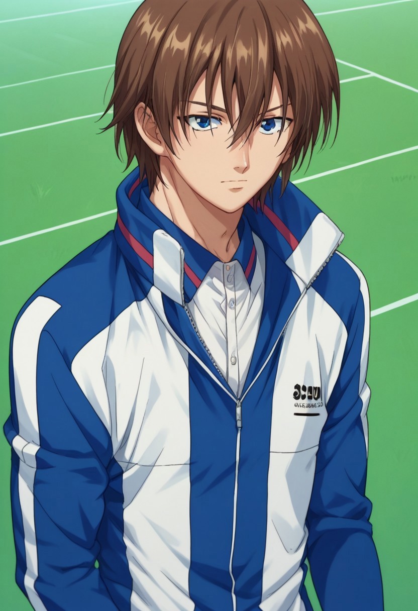 score_9, score_8_up, score_7_up, source_anime, highly detailed, 

shusuke, 1boy, male focus, solo, brown hair, hair between eyes, blue eyes, sportwear, jacket, track jacket, track suit, track pants, stand,

outdoor