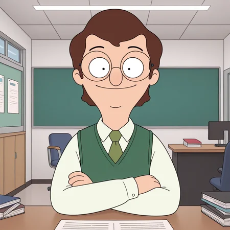 toon \(style\), masterpiece, colorful, amazing quality, best quality, uhd, 3d, <lora:mrfrond-v5:0.75> bb-mfrond, plump, glasses, 1boy, male focus, indoors, crossed arms, smile, green sweater vest, white shirt, necktie, three quarter view, school, office, office_desk, long sleeves, male focus,