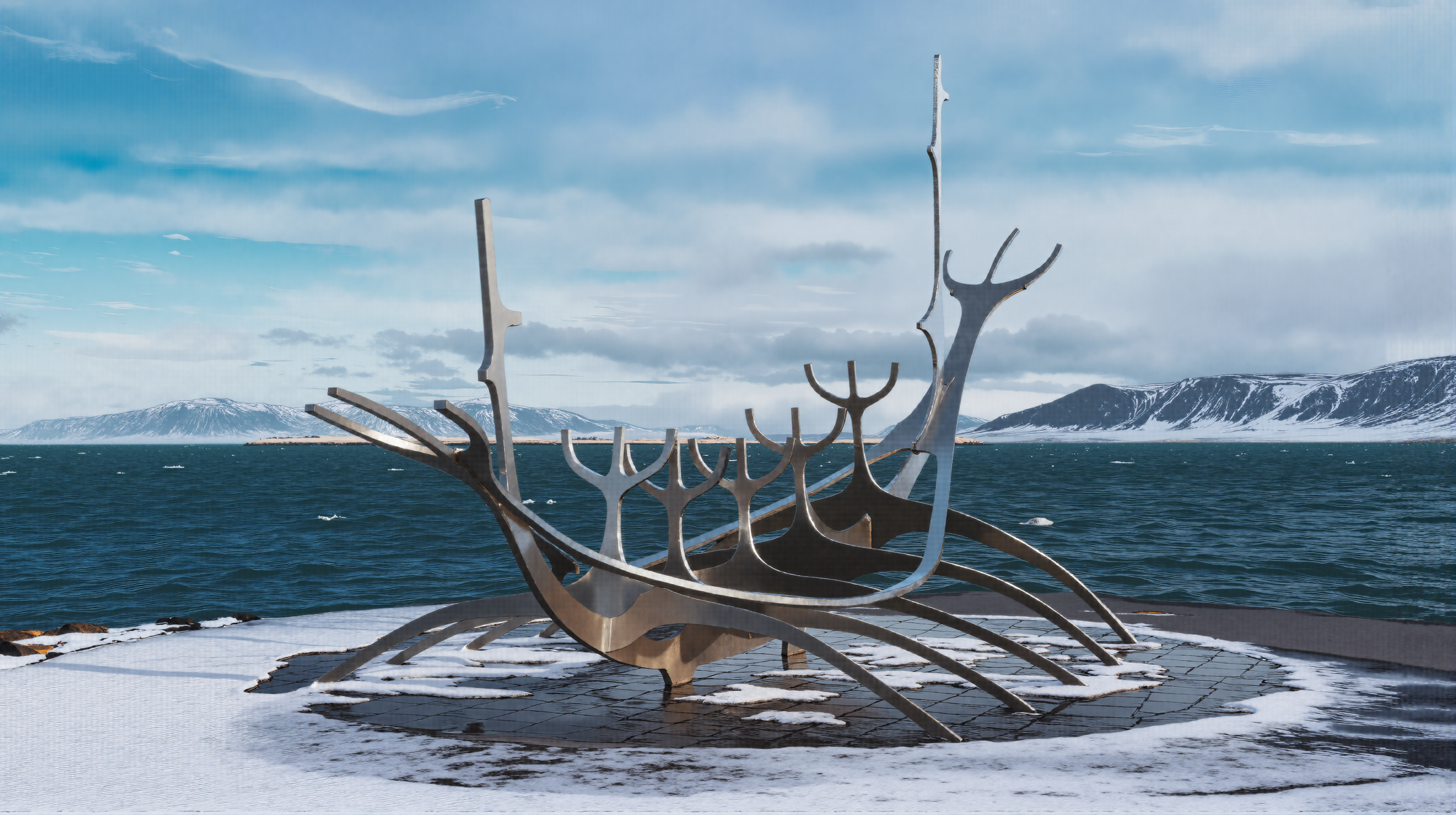 ##Image Captioning##
A sculpture of a boat with a bunch of forks sticking out of it's sides in the snow, Art & Language, award - winning photography, a surrealist sculpture, ecological art, sun voyager, Iceland,  Reykjavík, Nordic island country, Sólfar,  Viking ship, Jón Gunnar Árnason.
##txt2img##
Oil painting, highly detailed and vivid colors, various shades of blue, and stunning light reflections. digital art, digital painting, matte painting