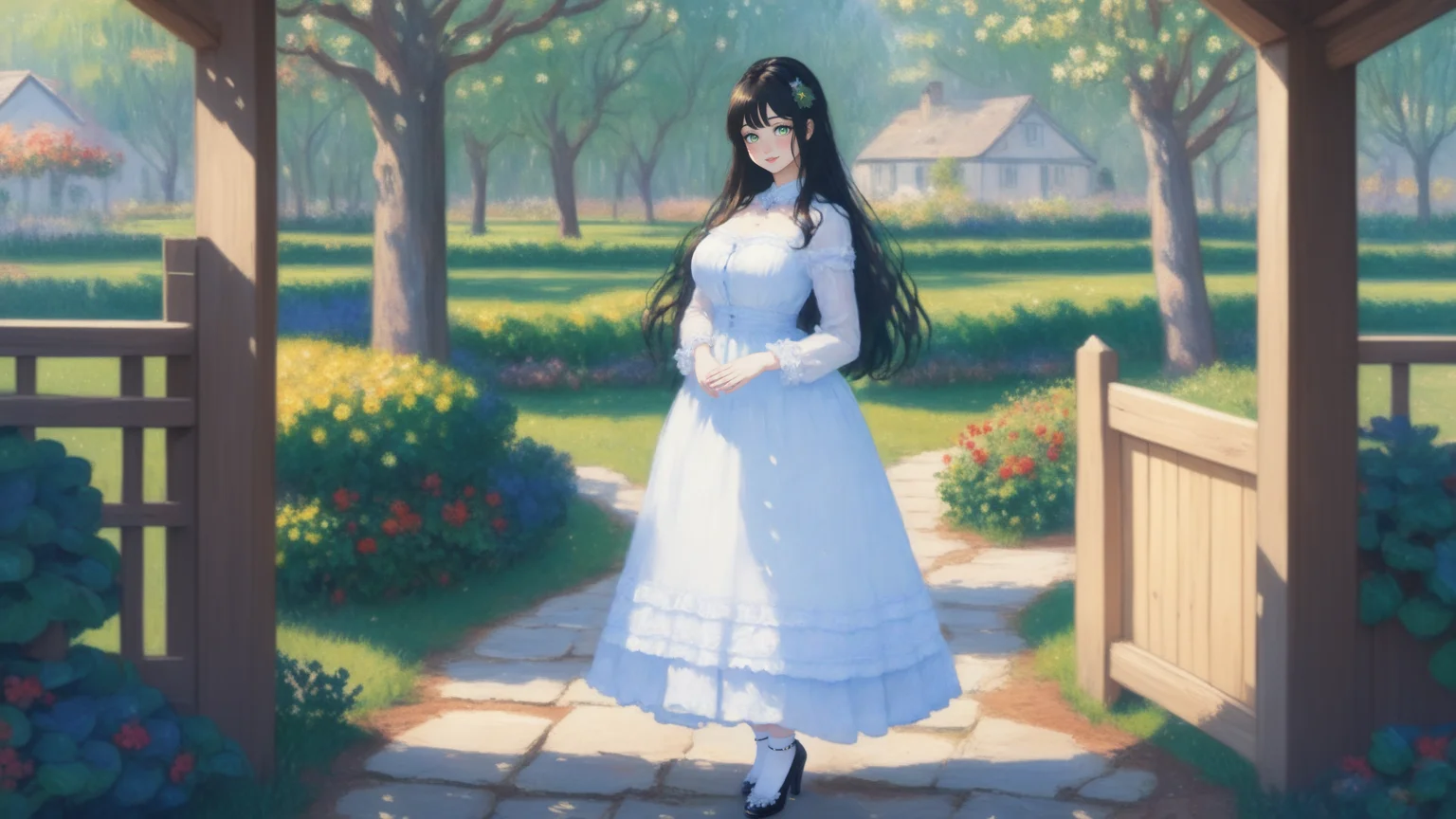 portrait of Mona Lisa walking on a path in a village, art by Monet, (HDR, raytracing, highest quality:1.3)
BREAK wearing a majestic wedding dress, holding a bouquet, frilly lace, white high heels
BREAK long black hair, split bangs, green eyes <lora:Victorian_Anime_Art_XL:1> <lora:sdxl_lcm_lora:1>