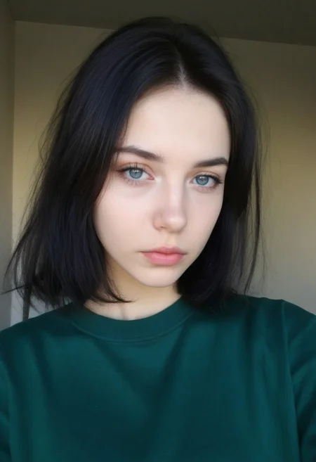 rsgrl, russian girl, 1girl, solo, black hair, shirt, looking at viewer, realistic, blue eyes, green shirt, upper body, lips, closed mouth, nose, indoors