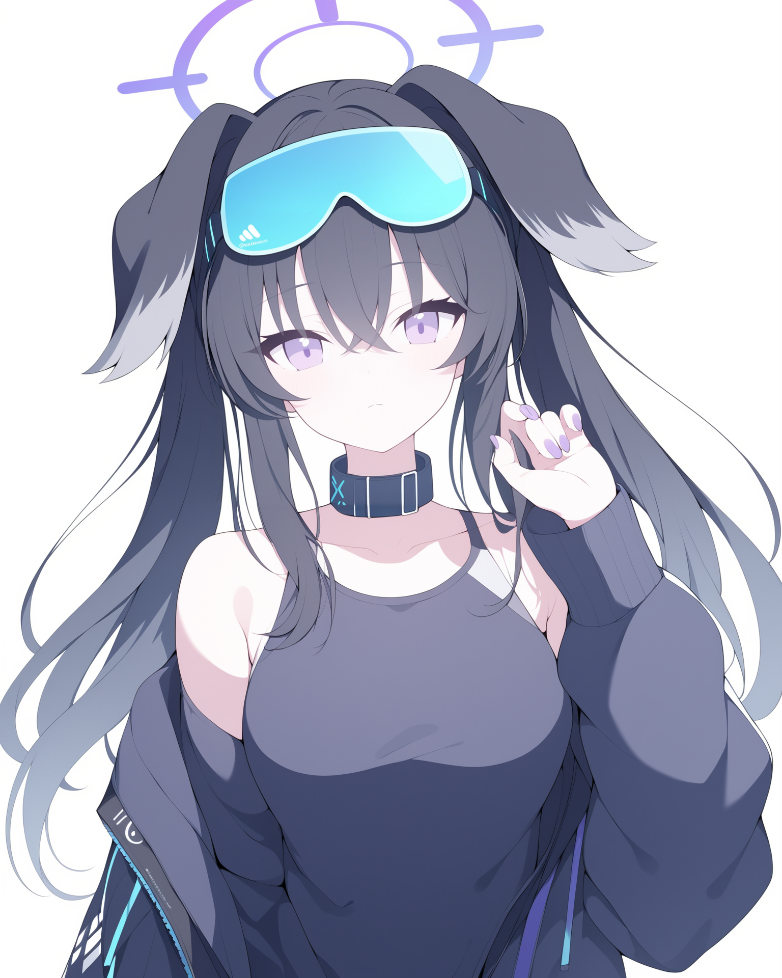 Best-A,jyt,1girl, absurdres, animal_ears, bare_shoulders, black_hair, blue_archive, blush, breasts, closed_mouth, collar, collarbone, dog_ears, dog_girl, eyewear_on_head, goggles, goggles_on_head, hair_between_eyes, hair_ornament, halo, hand_up, hibiki_\(blue_archive\), highres, jacket, jewelry, jyt, long_hair, long_sleeves, looking_at_viewer, medium_breasts, nail_polish, off_shoulder, open_clothes, open_jacket, purple_eyes, purple_nails, simple_background, solo, twintails, white_background
,score_9,score_8_up,score_7_up,source_anime,best_quality,masterpiece,perfect_body, <lora:tpn3-5.5-R-Sytle-400artist:0.95>