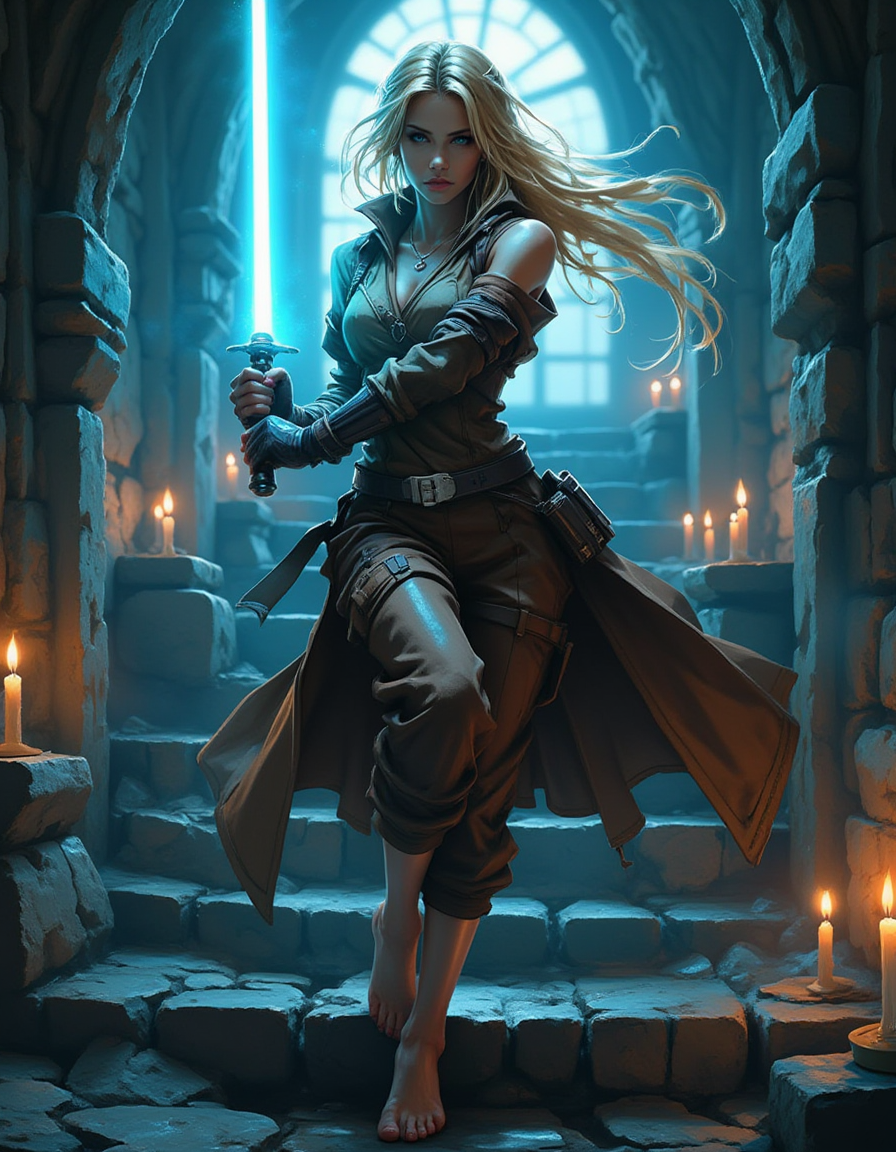 blueish hue, bloom, bokeh, god-rays. perfect feet.
Very wide angle, put subject further away, small subject, a photo-realistic shoot from a front camera angle about a female character wielding a blue lightsaber in a dramatic pose. The image also shows a dark, gothic setting with stone stairs and candles in the background. In the middle of the image, a young woman with light skin, blonde hair, and blue eyes appears to be in her early twenties, wearing a brown outfit with black gloves and no footwear. She is standing barefoot on the uneven stone stairs, her body slightly turned to the side but facing the camera.
Her posture is confident yet cautious, and her right arm extends forward, pointing the glowing blue lightsaber directly toward the viewer. The vivid light from the saber casts an intense glow across her determined face and illuminates the textured stone stairs and surrounding area. Her long, wavy blonde hair flows down her back, partially framing her pale, focused expression.
The gothic ambiance is heightened by the dim candlelight scattered along the stairs, flickering against the ancient, cracked stone. A faint mist lingers in the air, adding to the mysterious and tense atmosphere. The womanâs bare feet press firmly against the cold, damp steps, emphasizing her grounded presence in the eerie, dramatic scene. 1girl, solo, long hair, breasts, looking at viewer, blonde, gloves, holding, closed mouth, jewelry, bare shoulders, standing, weapon, fingerless gloves, brown coat. 
camera_angle: from front, art_style: photo-realistic.
location: indoor, background: dimly lit stone stairs with candles.
distance_to_camera: full-body, clothing: brown outfit, barefoot.
image_composition: middle.
action: holding a lightsaber, facing_direction: facing viewer, eye_direction: focused straight, facial_expression: determinedâââ
lora: flux.1_lora_ink-dynamic:0.9>