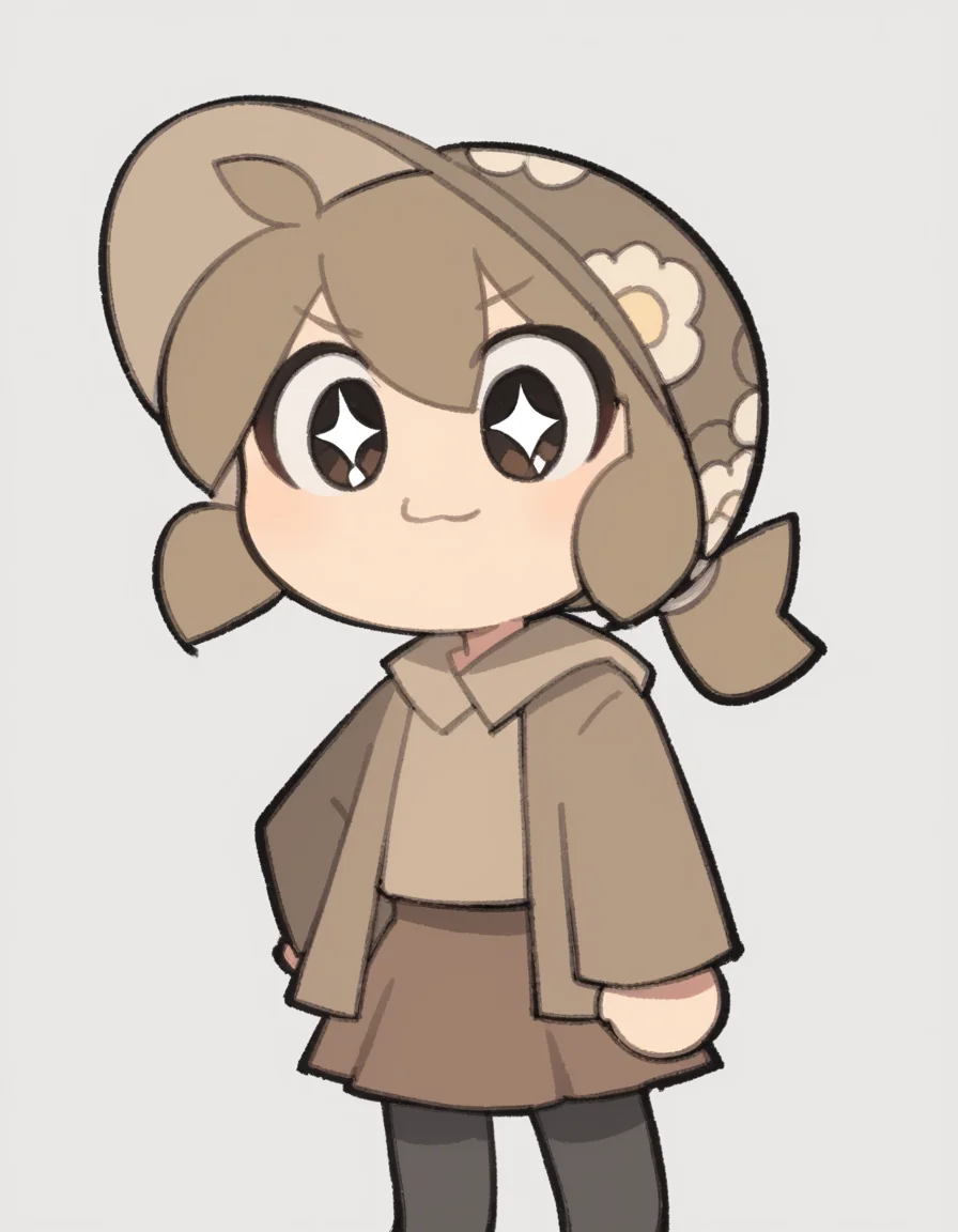 zPDXL, score_9, score_8_up, score_7_up, source_anime, flat color, sketch,
1girl, solo, sparkling eyes, (watson_cross_), brown hair, low ponytail, brown hat, brown jacket, brown shirt, brown skirt, black leggings, black eyes, chibi,
<lora:TemmieChang_ver2:1> tmchng,