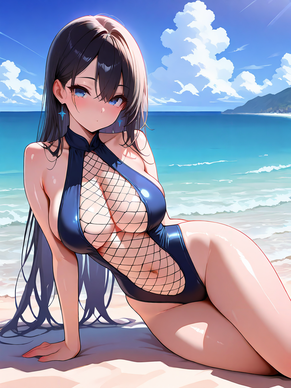 masterpiece,amazing quality,best quality,ultra-detailed,8K,illustration,CG,shiny hair,clear skin,ultra-detailed-eyes,cute girl, eyelashes ,large breasts,sea,summer,beach,sky,cloud,day,<lora:open swimwear_illustrious_V1.0:1> open swimwear,nets,lying on chiar,on side