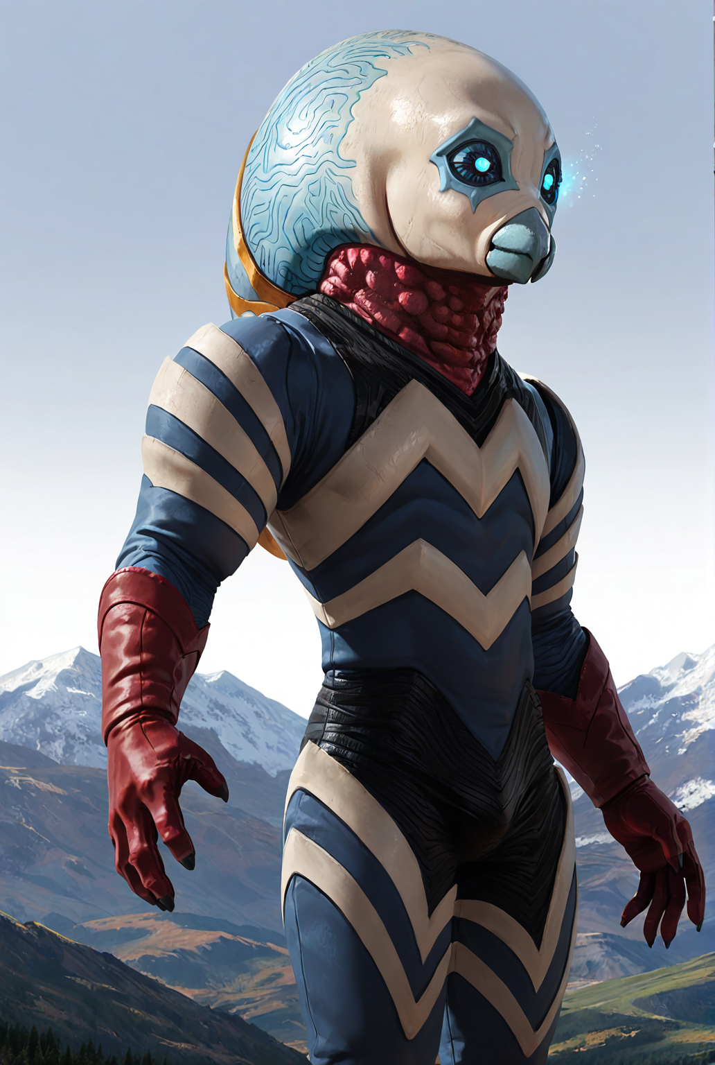 very awe,aesthetically pleasing,masterpiece,best quality,amazing quality,very aesthetic,ultra-detailed,high resolution,8k,1boy,solo,cowboy shot,male focus,detailed face,alien,no humans,gloves,blue eyes,red gloves,glowing eyes,,giant,mountain,<lora:Alien Guts:0.7>,alien guts,