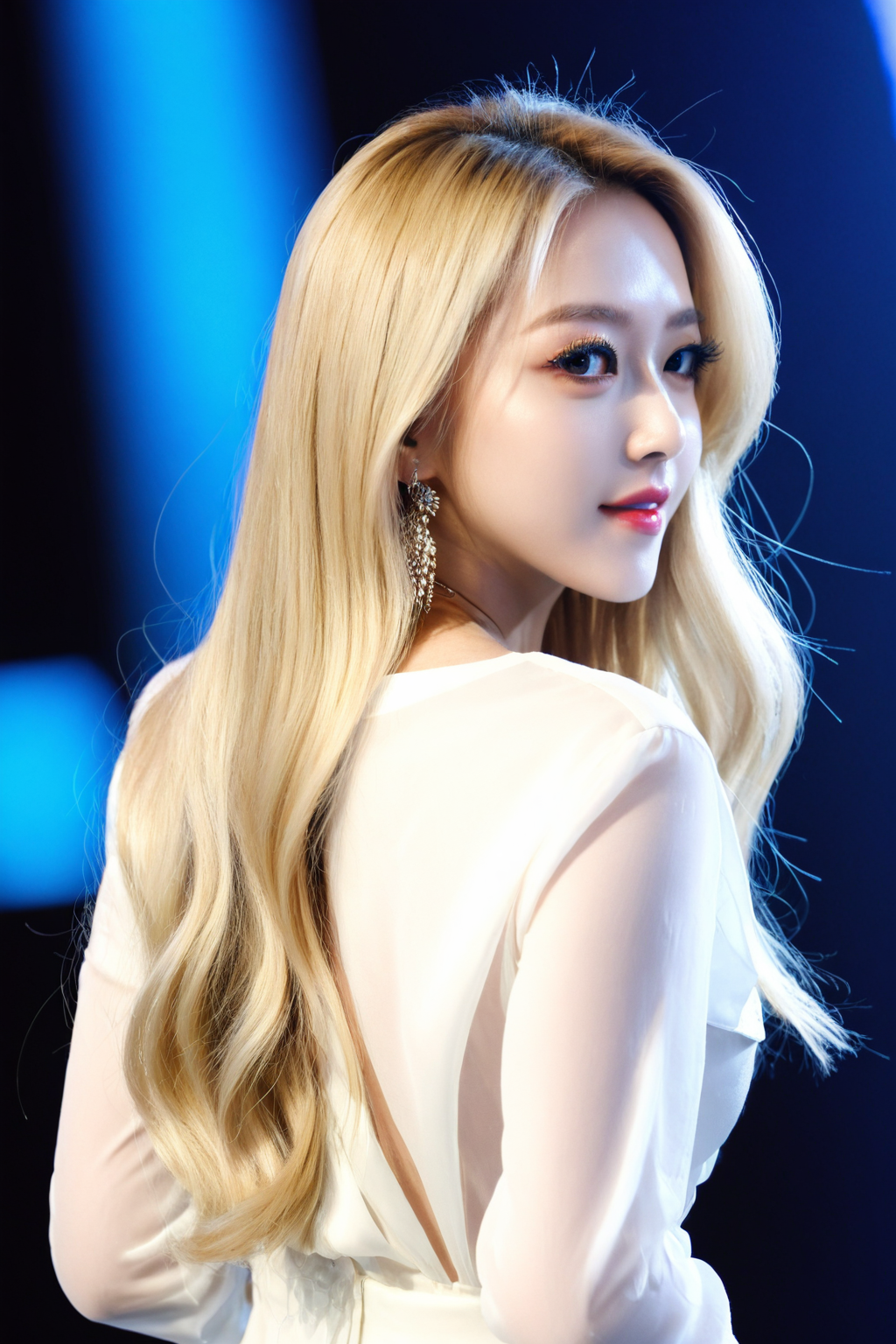 beautiful girl, amazing famous global kpop idol star, (from behind:1.3), standing, (looking back), greeting, blonde hair, very long hair, wavy hair, (turn back), white blouse, ((upper body shot)), huge breasts, close photo, <lora:K-Tuned06:0.5>, (concert:1.2),