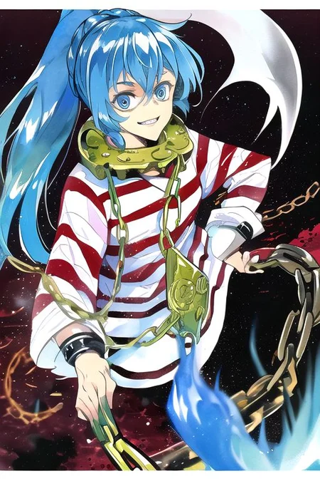 solo, 1girl, solo_focus, ((too many)):16,
watercolor (medium), traditional media,
miyadeguchi_mizuchi, solo, 1girl, smile, shirt, long_sleeves, skirt, hair_ornament, teeth, ponytail, chain, cuffs, blue_hair, shackles, long_hair, chains, striped_shirt, striped, skull_hair_ornament, blue_eyes, hair_tubes, bags_under_eyes, ghost, glowing_eyes, wide-eyed, spirit,