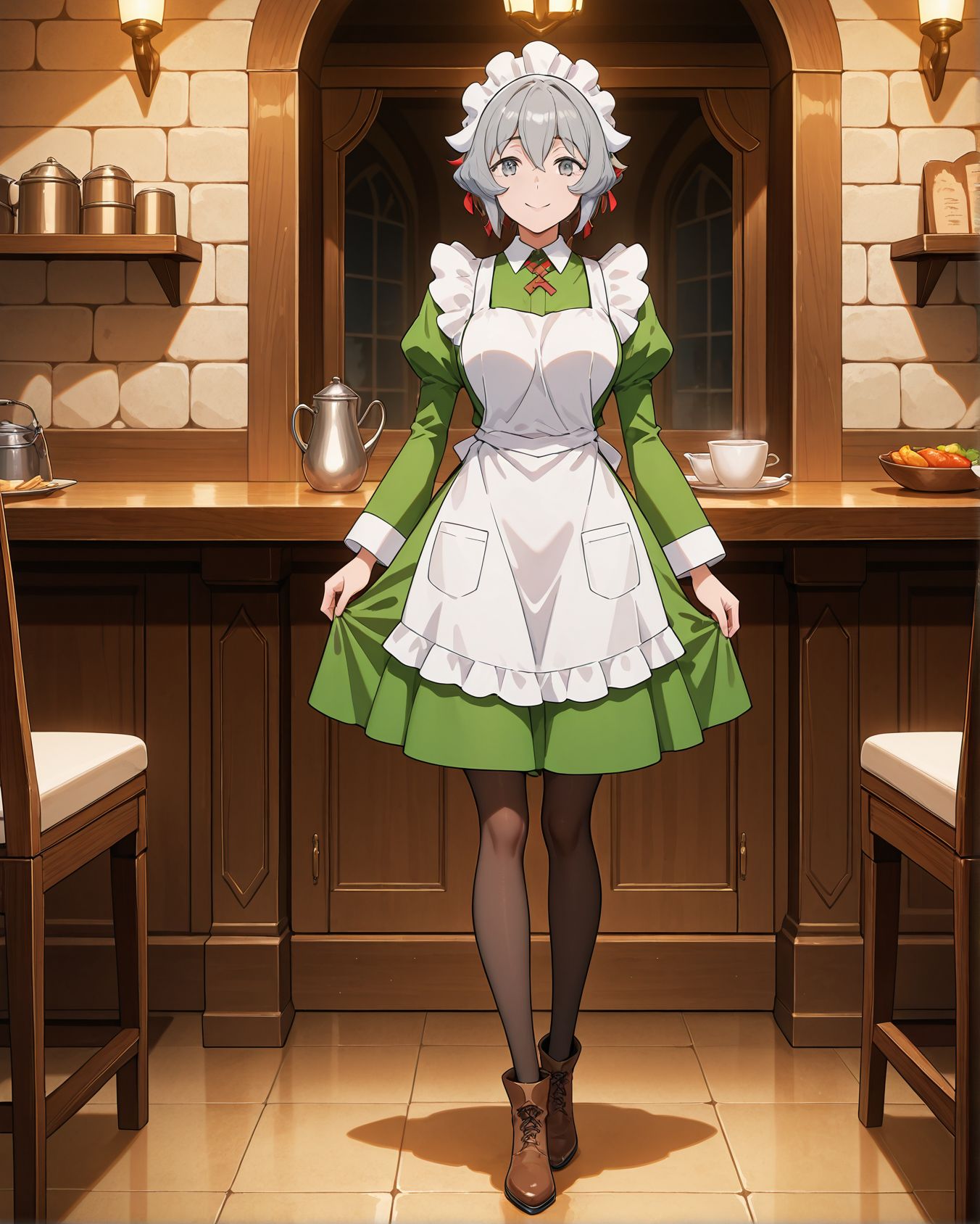 masterpiece,best quality,amazing quality,very aesthetic,absurdres,newest, huge filesize,
<lora:spo_sdxl_10ep_4k-data_lora_webui:0.5>, anime,anime coloring, anime screenshot, 2D anime,
<lora:add-detail-xl:1>
<lora:DanMachi_Heith_Velvet__Freya_Syr__Horn__Ryuu:1>
1girl,solo, front view,
pantyhose,
maid headdress,
apron,maid,grey hair,grey eyes,brown shoes,
full body,smile,d_syr,D_Heith Velvet, indoors, fantasy,  restaurant, medieval century,