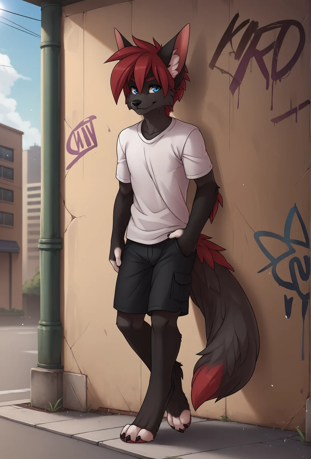 score_9, score_8_up, score_7_up, score_6_up, score_5_up, score_4_up, outdoors, urban, sidewalk, sunlight, blue sky BREAK
<lora:nytro_fluffkevlar_ponyXL_v1.5_0.99:1> nytro, 1boy, solo, furry, red hair, blue eyes, white shirt, black shorts, walking, light smile, black fur, t-shirt, digitigrade, graffiti,