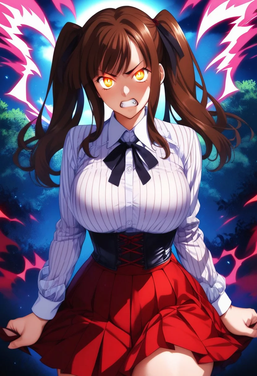 score_9, score_8_up, score_7_up, score_6_up,realistic ,Murayama, 1girl, brown hair, brown eyes, two ponytails, Big breast, wide hips, collared shirt, long sleeves, black ribbon, neck ribbon, vertical-striped shirt, black corset, dark red skirt, pleated skirt, frilled skirt, furious face, teeth, angry, clenched teeth, looking at viewer, bush, dark aura, dark ,dark energy, bristly hair, ((glowing eyes)),