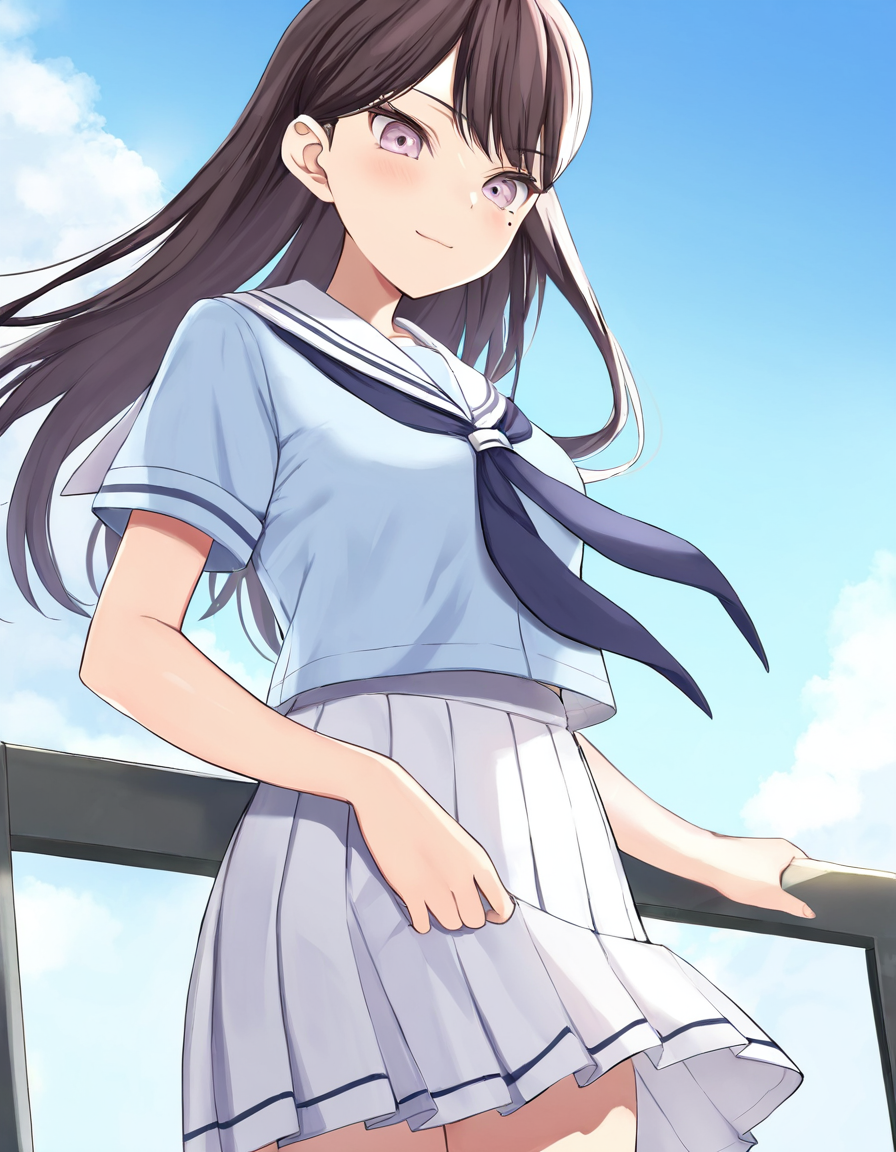 <lora:shiina_taki_IlluXL:1>, shiiina taki, mole under eye, 1girl, solo, school uniform, serafuku, light blue shirt, dark blue neckerchief, short sleeves, white pleated skirt, white sailor collar, light smile, cowboy shot, floating hair, looking down, [[[simple background]]], blue sky, looking at viewer,, best quality, masterpiece,highres,