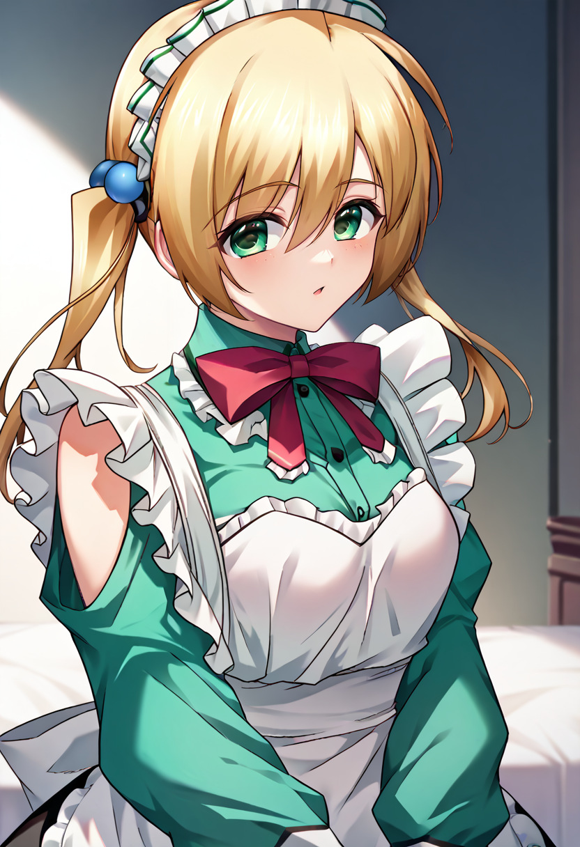 score_9,score_7_up,souce_anime,zPDXL2,bedroom BREAK
1girl,k0hinata,twintails,blonde hair,green eyes,hair bobbles,maid,green dress,red bowtie,frills,apron,maid headdress, :< <lora:kohinata:1>