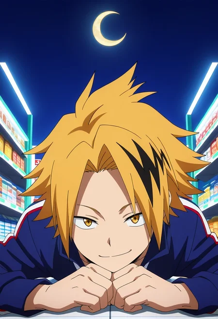 masterpiece, best quality, , anime screencap, , , , , 1boy, solo, male focus, <lora:denki_kaminari_ilxl:0.96>, denki_kaminari, blonde hair, yellow eyes, short hair, spiked hair, multicolored hair, two-tone hair, black hair, streaked hair, symmetry, store, convenience store, night, crescent moon, lying, on stomach, seductive smile,