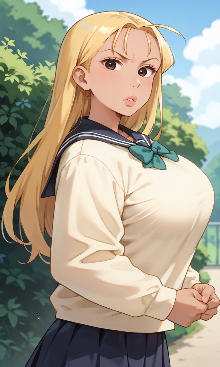 (1girl:1.5), (solo:1.3), (score_9, score_8_up, score_7_up, score_6_up, score_5_up, score_4_up), (source_anime), rating_questionable, (upper body:1.3),outdoors, blue sky, bush, keep out, 
 (yellow sweater, oversized clothes, long sleeves, blue sailor collar, green bowtie, blue skirt, pleated skirt, miniskirt, white socks, black footwear), (large breasts), <lora:mari-classmate-yellow_v1:0.7> (mari-classmate-yellow), (dark skin:1.3), (black eyes, eyelashes, blonde hair, long hair, hair slicked back, wispy bangs, forehead, pink thick lips, big lips, frown, angry), huge breasts,  looking back, 
stooping posture
